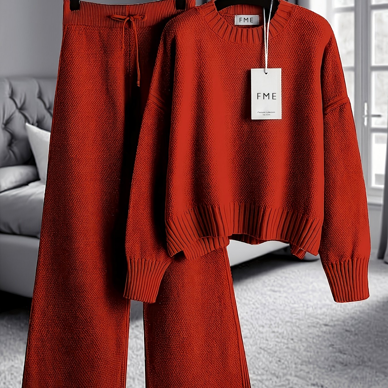TEMU Fme Authentic - Women's Early Autumn Comfortable And Breathable Waffle Texture Two-piece Set: Round Neck Shoulder Long Sleeve Hoodie, High-waist