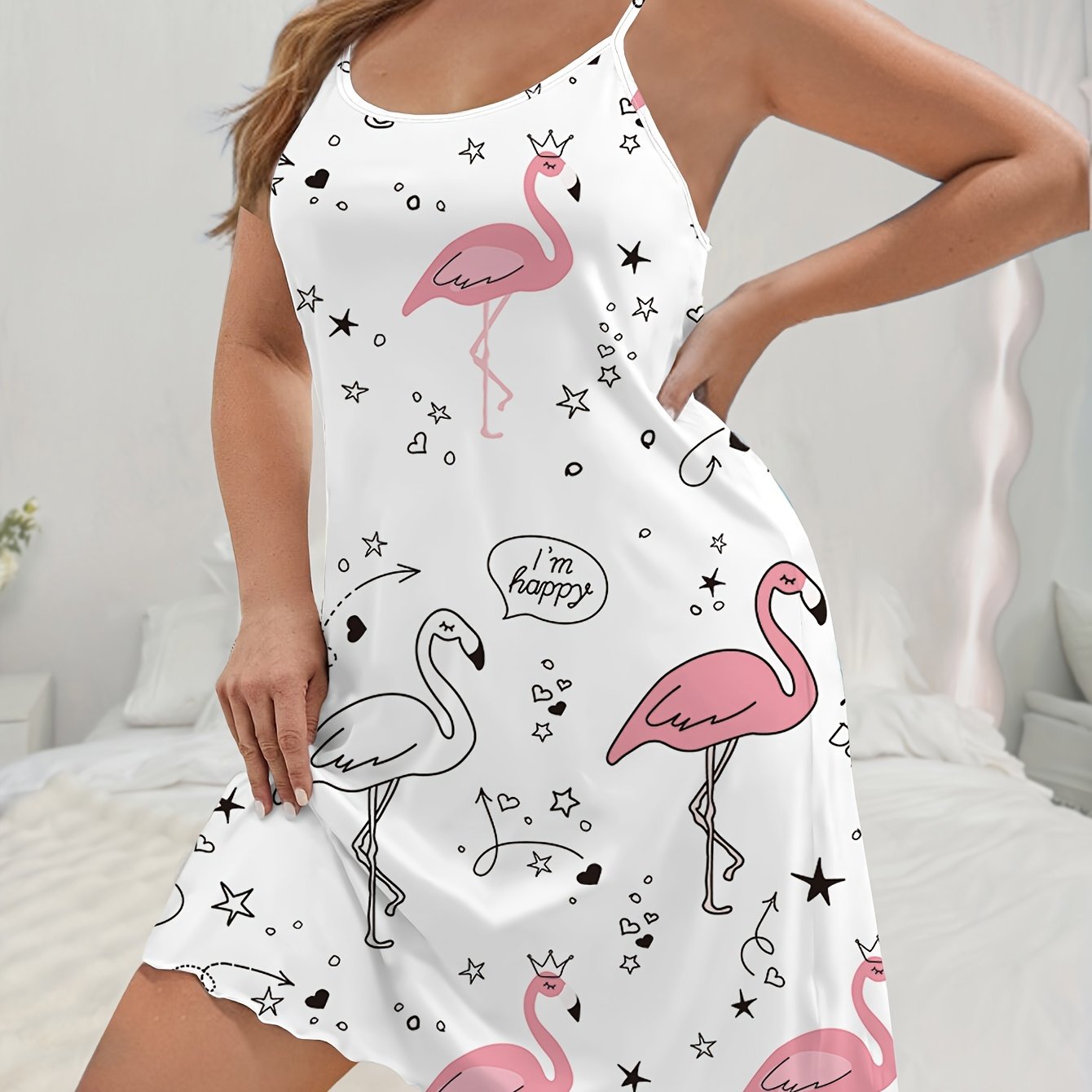 Image of Women's Plus Size Comfortable Flamingo Print Spaghetti Strap Round Neck Ruffle Trim Nightgown Dress