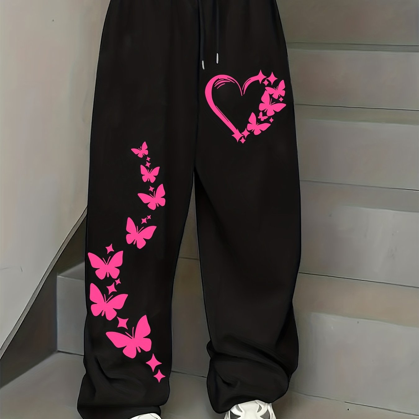 TEMU Women's & Heart Print Wide-leg Pants With Elastic Drawstring Waist - Love Casual Trousers Suitable For , Machine Washable Comfortable For Daily