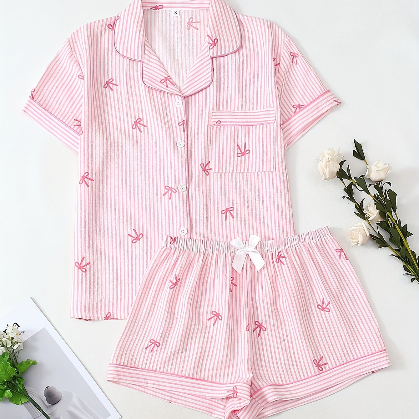 E-shop Damens Vier-Jahreszeiten-Pyjama-Set, Bequemer Knopfleistenoberteil mit Schleifen-Gürtel und Shorts, 2-teilig