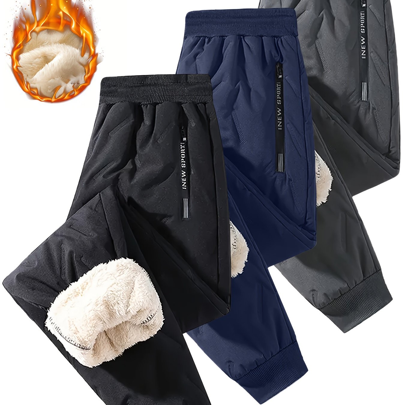 3-strip Pc Boys' Autumn Ankle Pants, With Zipper Pockets, Fleece-lined Thickened Warm Outdoor Casual Athletic Trousers, For Outdoor