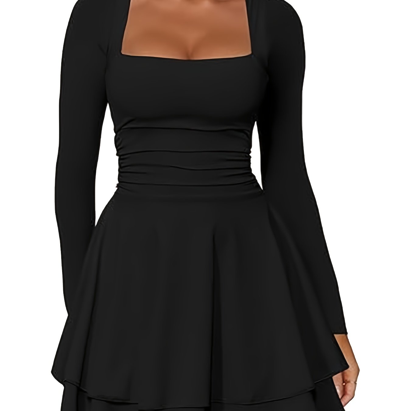 E-shop Damen Mini-Kleid mit eckigem Rundhalsausschnitt, Rüschung am Saum, Rüschung in der Taille, langen Ärmeln, Bodycon-Short Partykleid