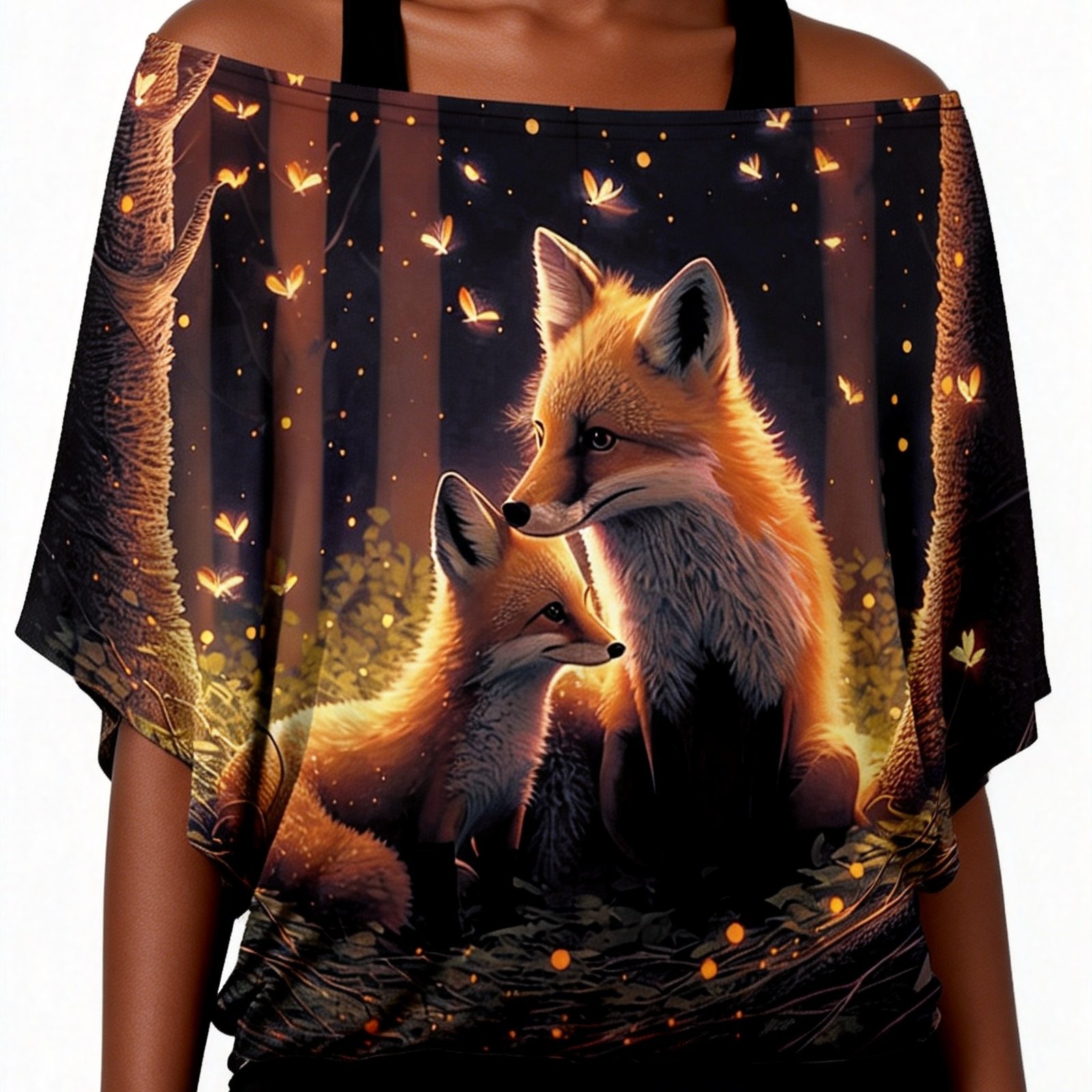 Image of Women's Fox Art Design Loose Shoulder Top
