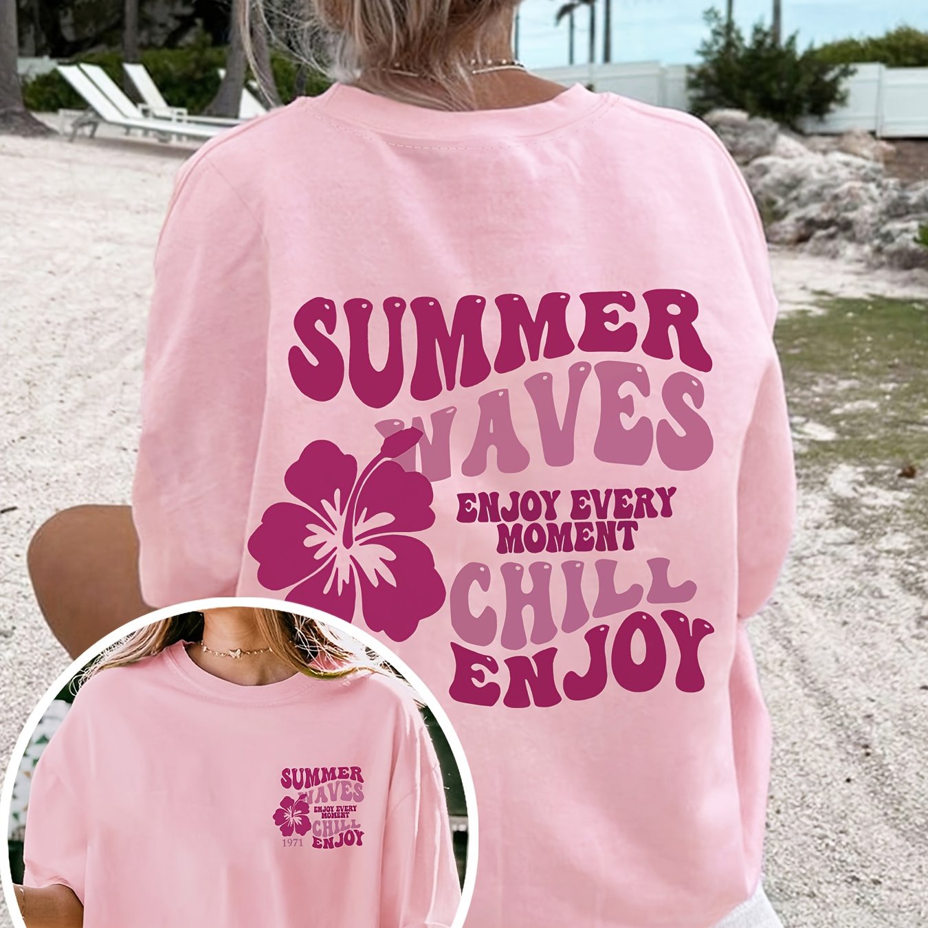 E-shop 2026 Frühling/Sommer Neuer Stil Einfaches Blumenmuster Einfacher Buchstaben-Druck Lässiges Damen T-Shirt Kreis
