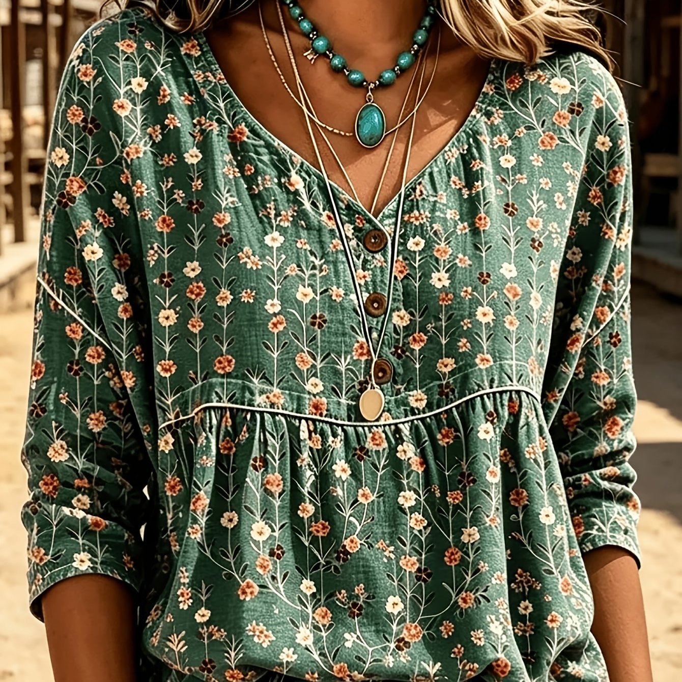 TEMU Women Small Print 3/4 Sleeve Babydoll Tops, V Neck Button Henley Loose Casual Blouse Shirts