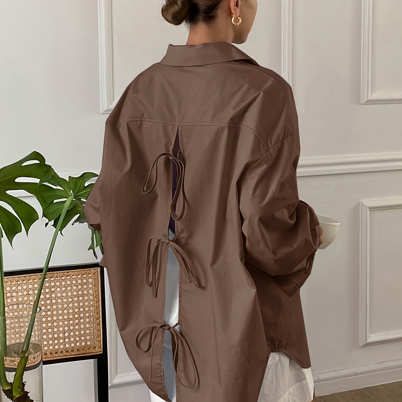 Image of New Elegant Style Back Bow Ribbon Blouse Women's Top, Loose Lazy Style Slit Ribbon Long Sleeve Shirt