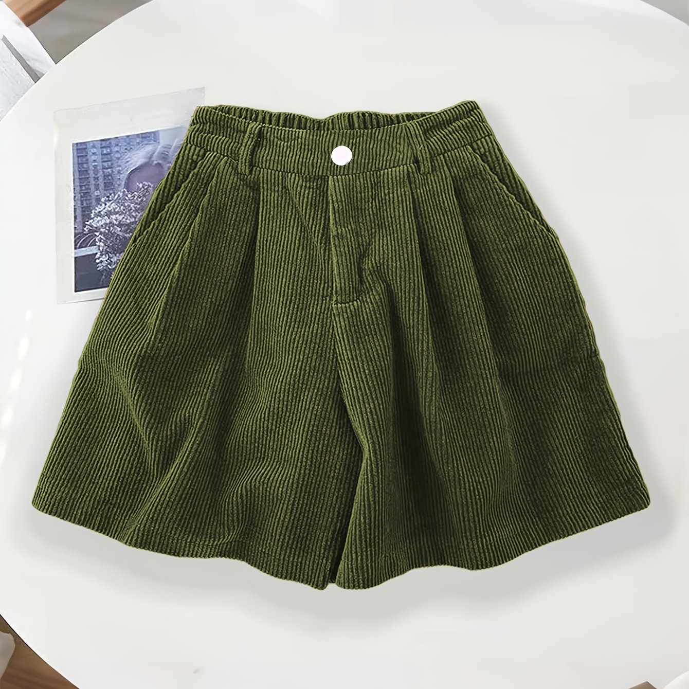 TEMU Women's Vintage Corduroy Elastic Waist Shorts High-waist A-line Versatile Casual Wide-leg Pants