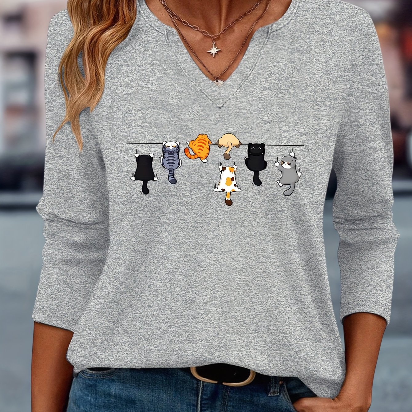 TEMU Cute Kitten Print European And American Women' Easy Comfortable Casual V-neck 3/4 Sleeve T-shirt