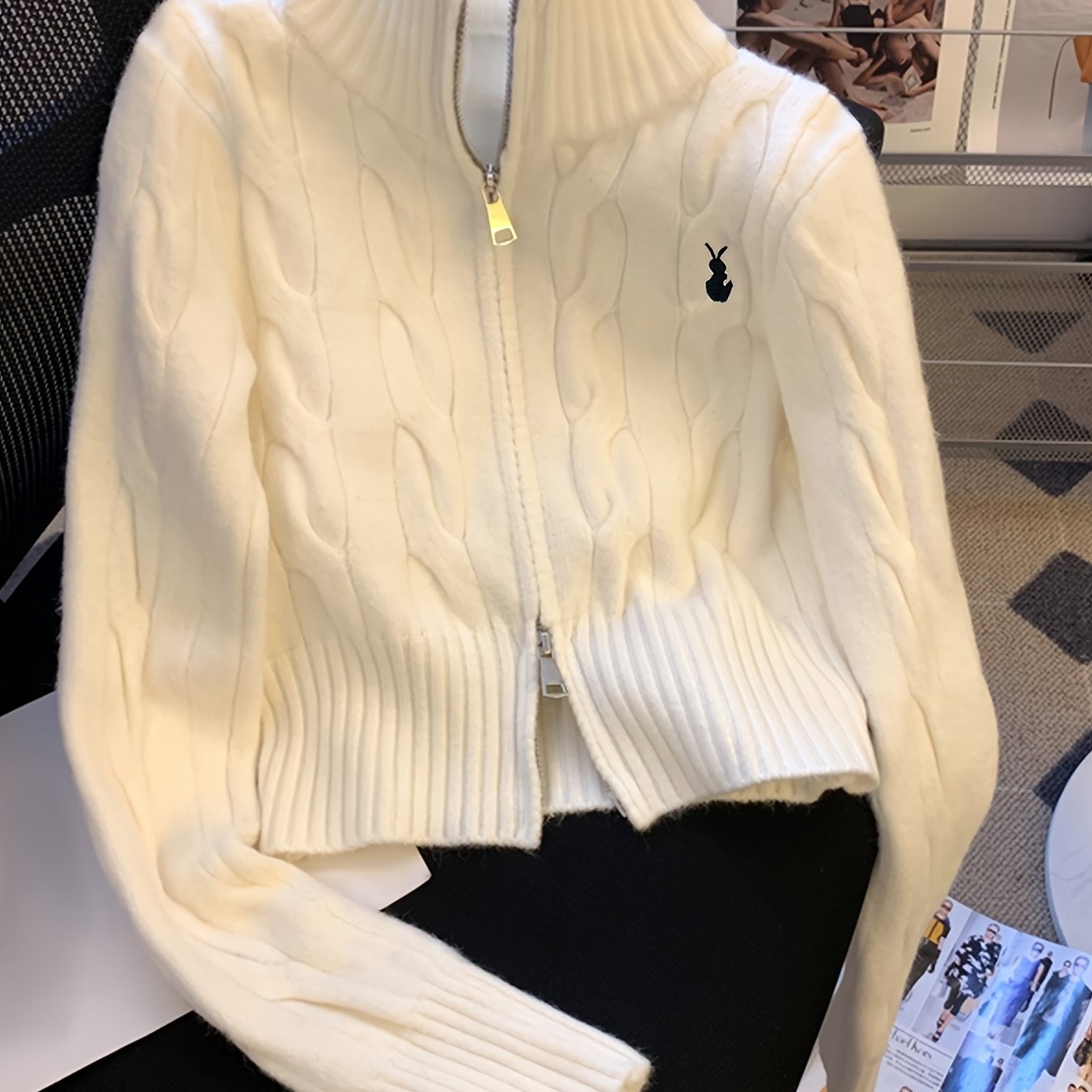 TEMU Gentle And Figure-flattering Solid-color Cable- Sweater With A Collar And Zipper. A Vintage Yet Fashionable Cardigan For Women, Featuring Chic