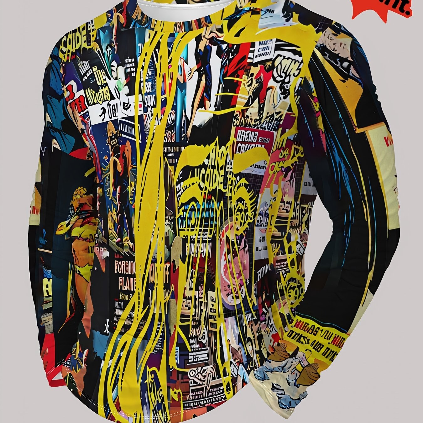 TEMU Printed Design â Not Textured/embroidery/sequins Men's Casual Long-sleeve T-shirt With Comic Collage, Outlining Characters, Full Of Visual