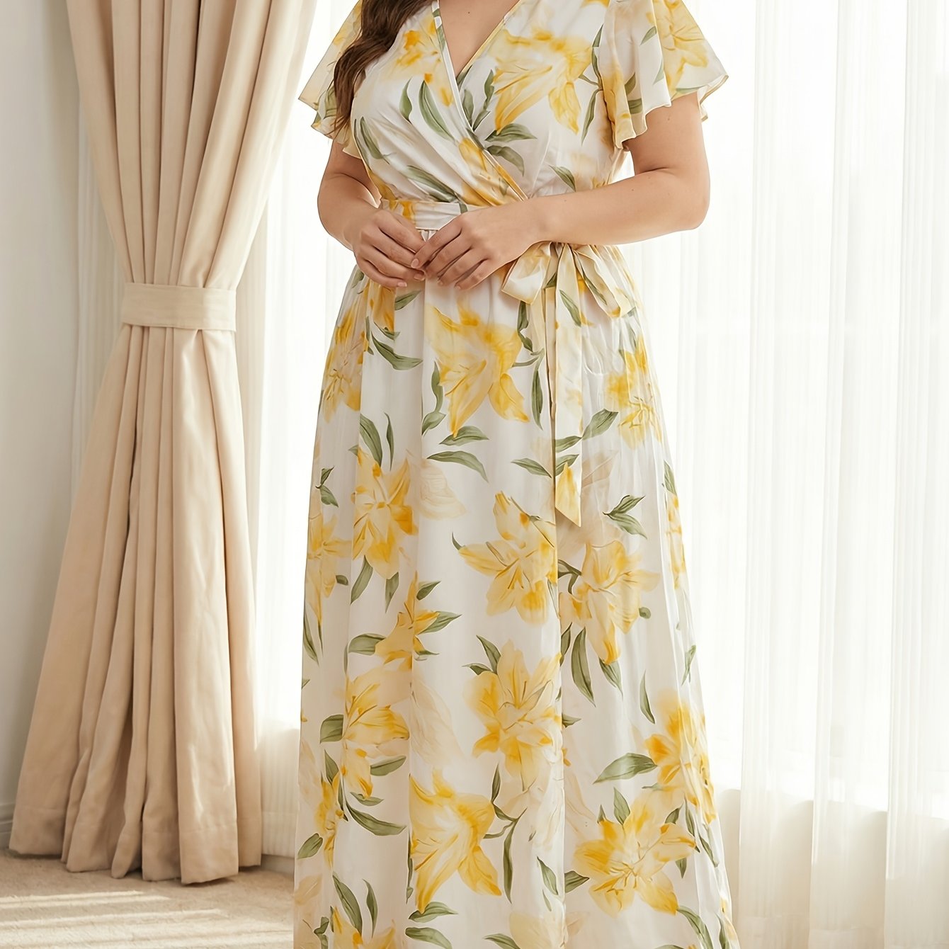 TEMU Robe longue grande taille à avec imprimé lys jaune, à volants, manches courtes et ceinture nouée