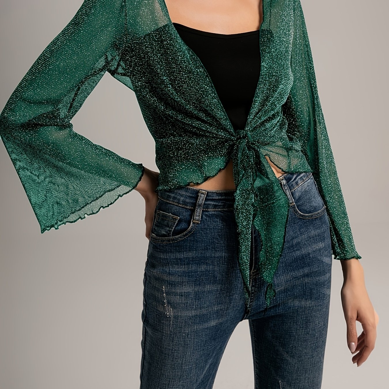 E-shop 88052016 Damen Cardigan Jacke mit Spitzenbesatz, Wellensaum und offener Passform, lässiges, transparentes Top