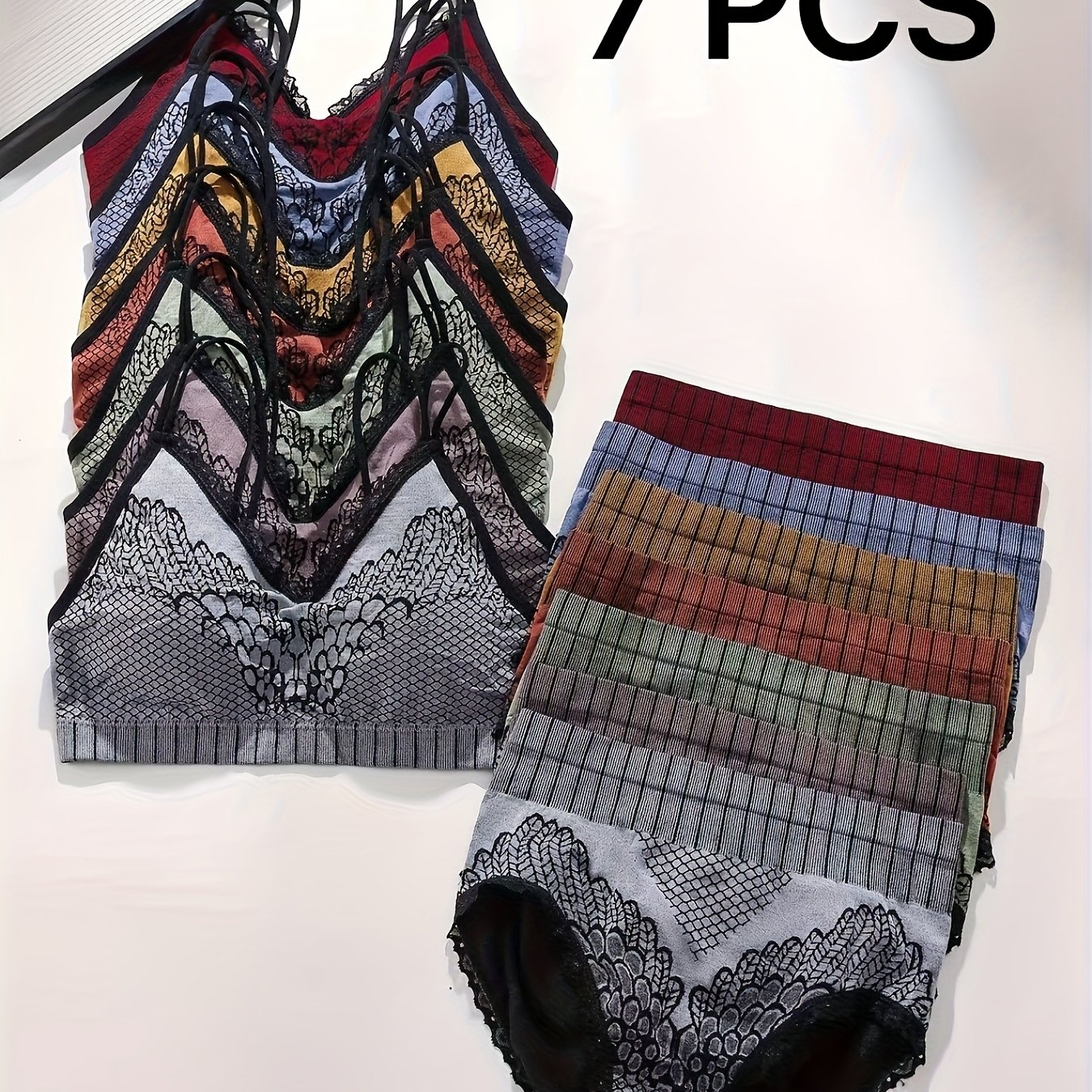 Image of 7 Sets Sporty Lingerie Set, Color Block Ribbed Cami Bra & Panties, Women's Lingerie & Underwear