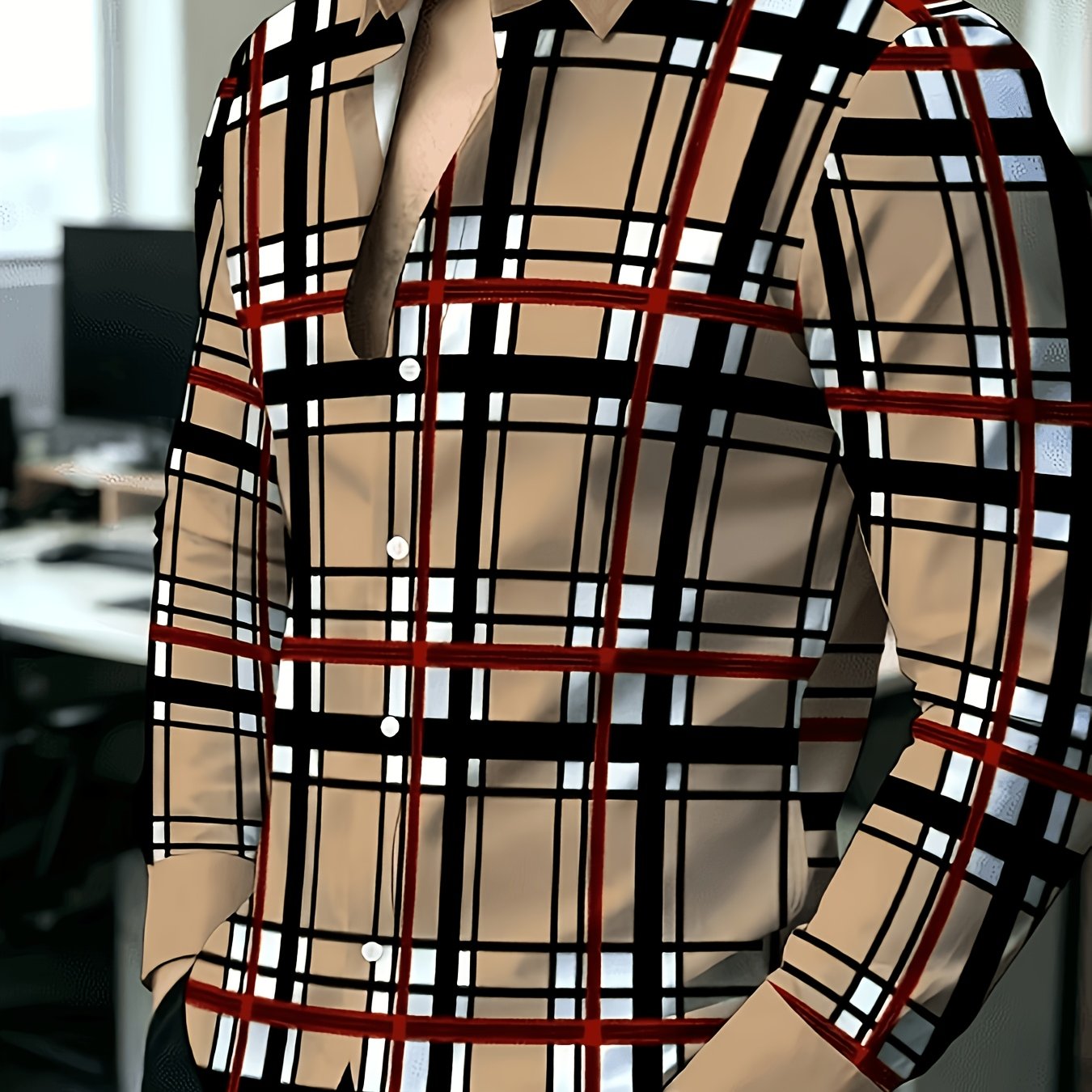 TEMU [print Design- Not Textured] Khaki Plaid Long-sleeve Shirt, Business Casual, Turn- Collar, Button-up, Suitable For Spring And Autumn, Slim Fit,