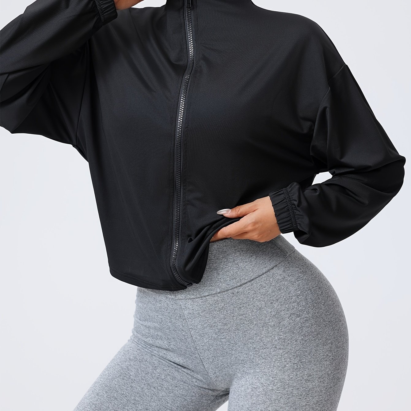 Image of Women's Collar Zippered Sports Jacket, Casual Short-sleeve Ribbed Cuff Yoga Jacket