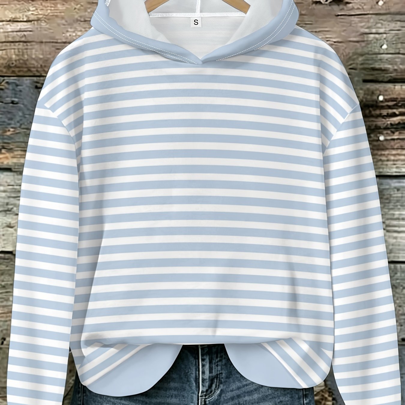 TEMU Striped Women's Lightweight Hooded Sweatshirt Long Sleeve Printed Top For