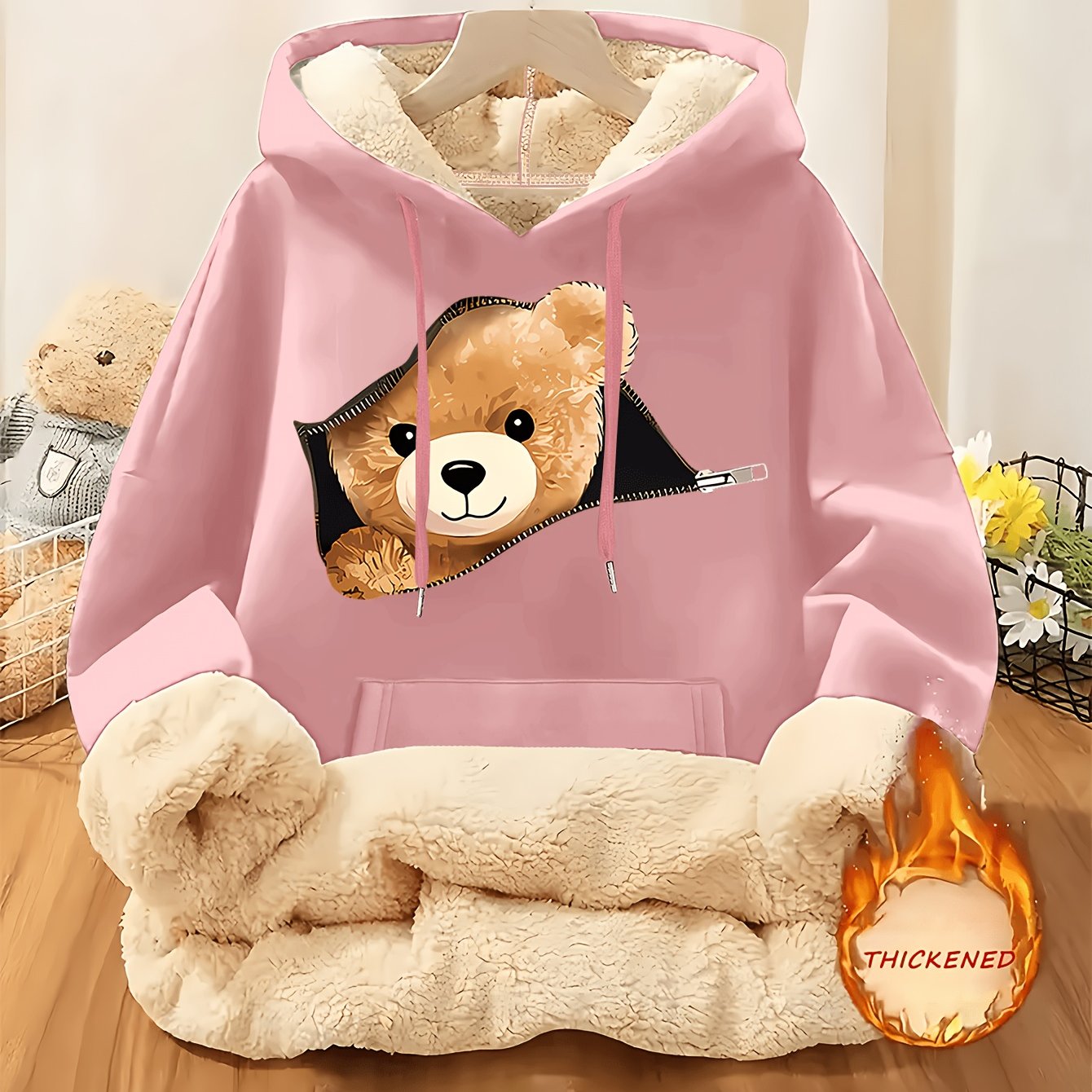TEMU Women's Plush Fleece-lined Hooded Sweatshirt With Bear Print & Zipper Closure - Cozy , / Color , Soft Fleece Fabric, Casual Pullover For Fall &