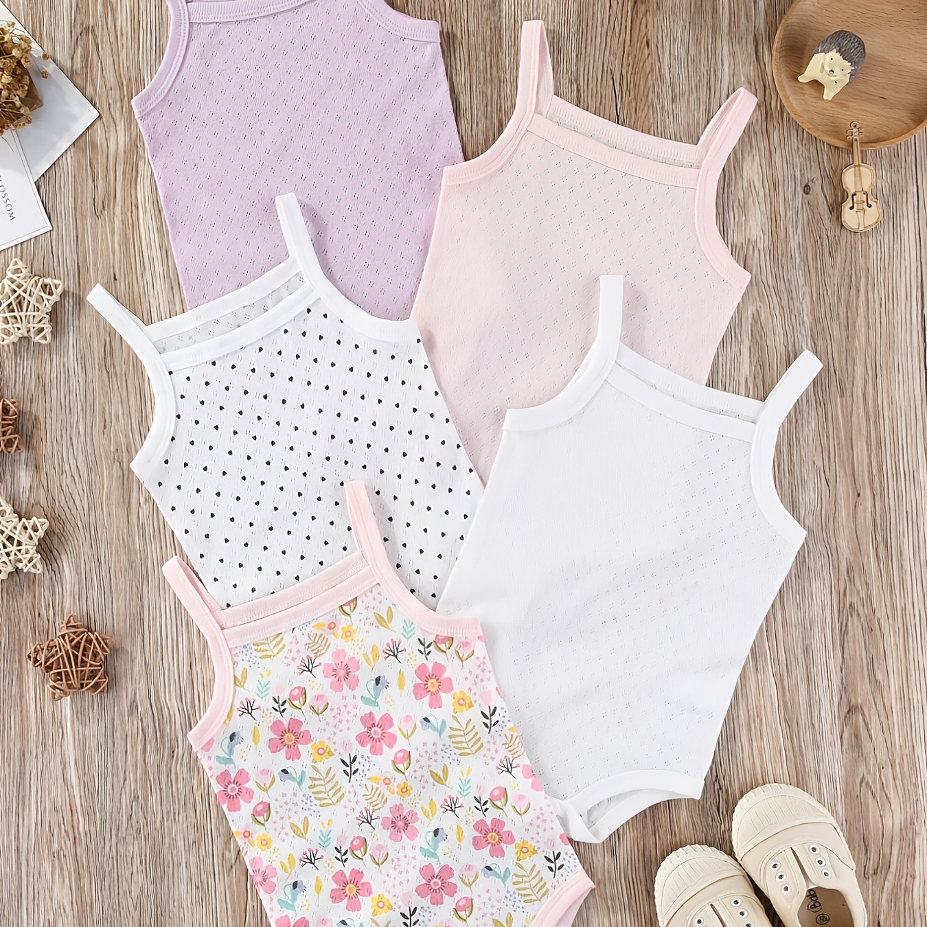 5pcs Set Of Baby Girl Rompers With Floral Print And Suspenders, Made Of High-quality Fabric, For Outdoor