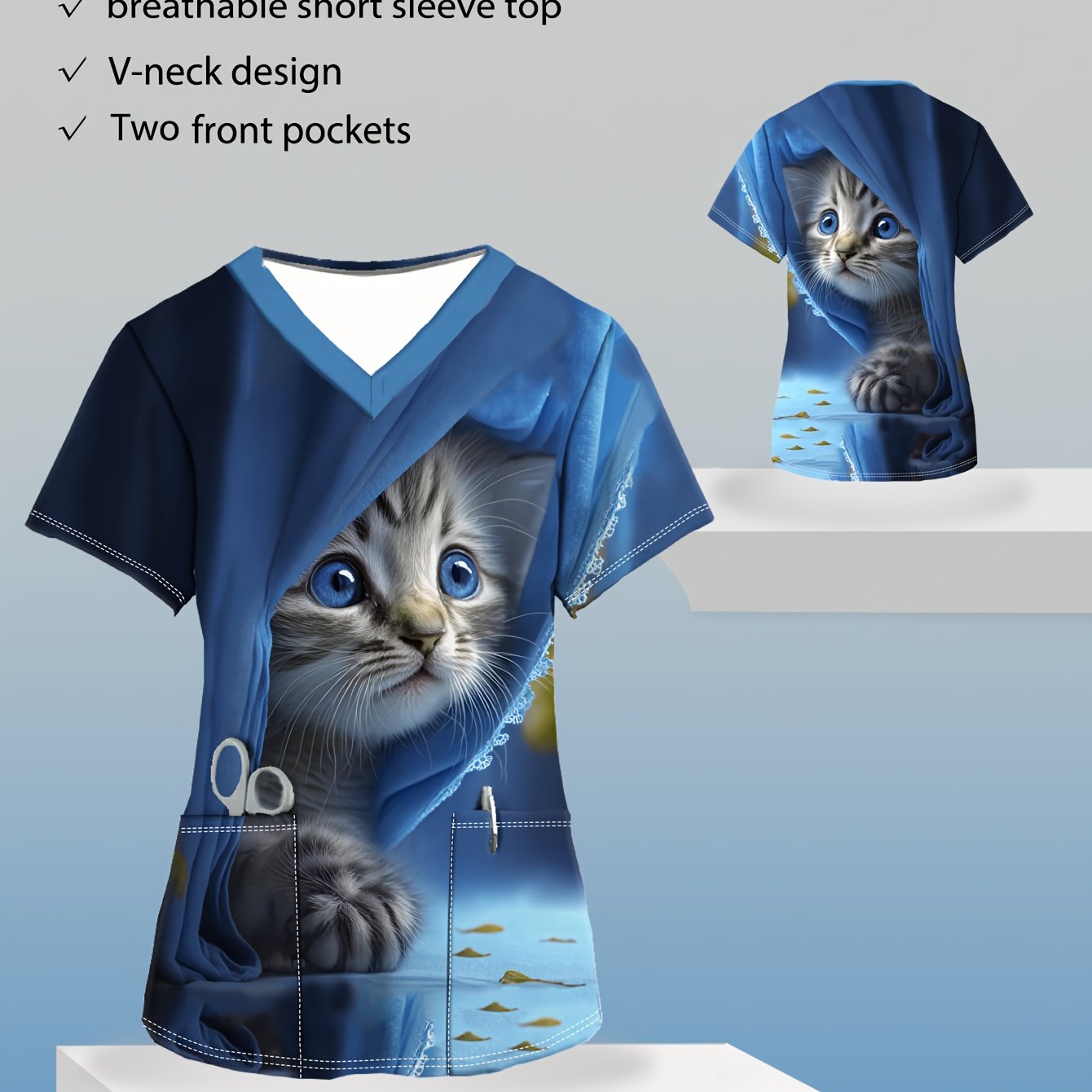 Blue Cat Print V-neck T-shirt, Elegant Short-sleeve Patch Uniform, Women's Clothing