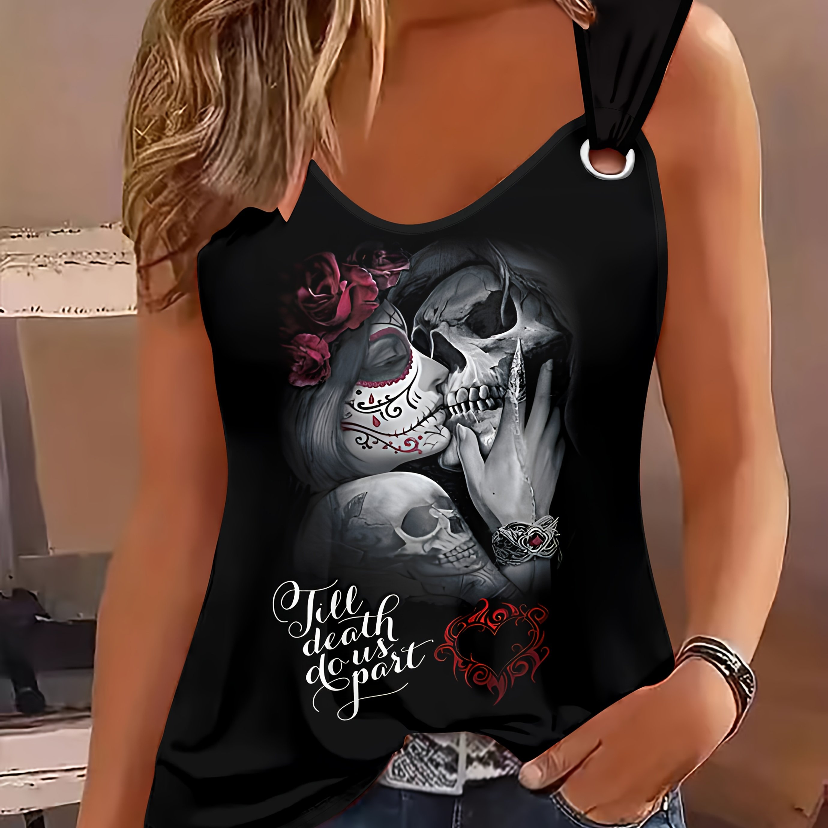 Image of Women's Outdoor Casual Sports Halloween Skull Head Print Pattern Round Vest