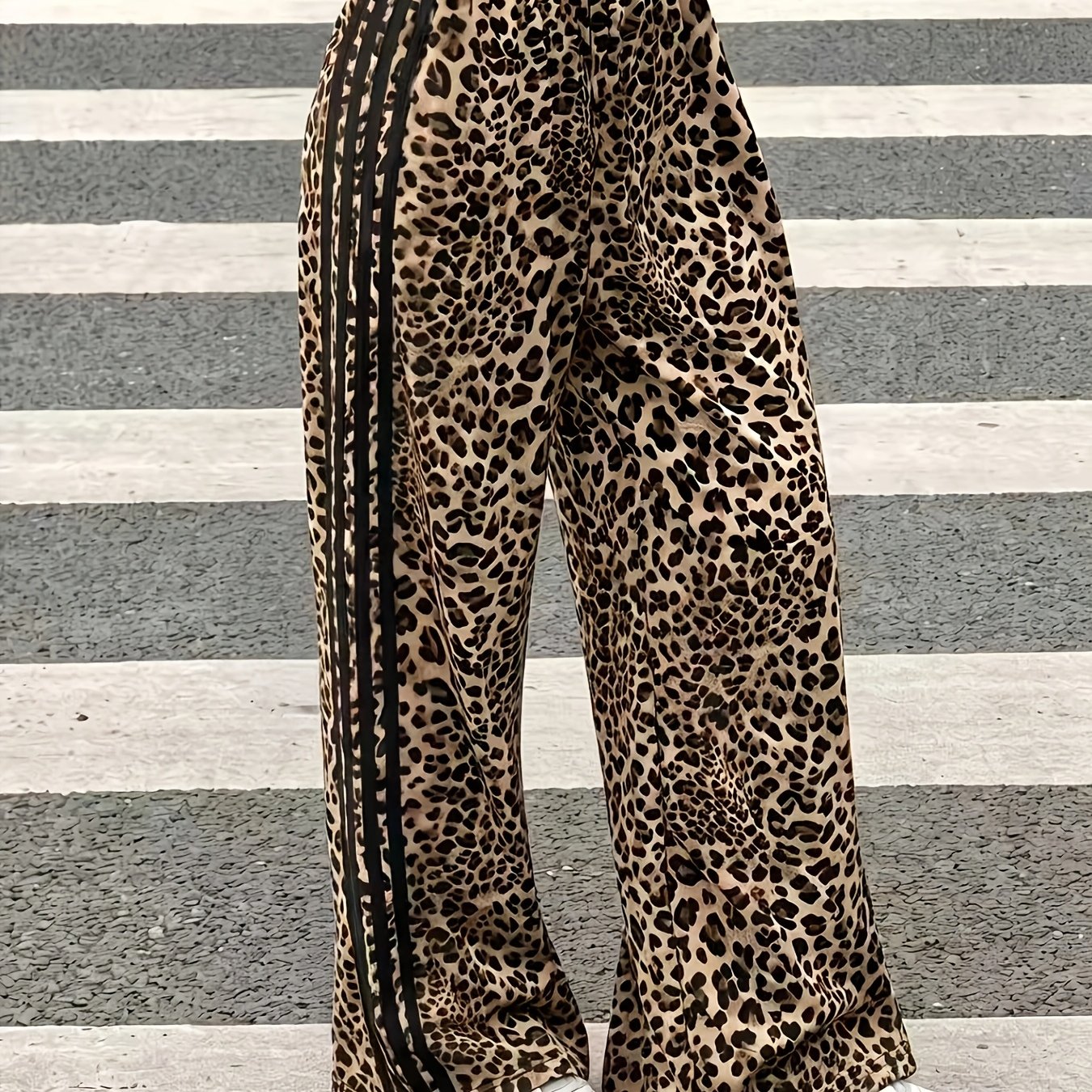 TEMU New Women's Leopard Pants With Contrasting Side Stripes. Stylish, Fit, Outdoor Leisure, Suitable For , And Comfortable To Wearoversized A