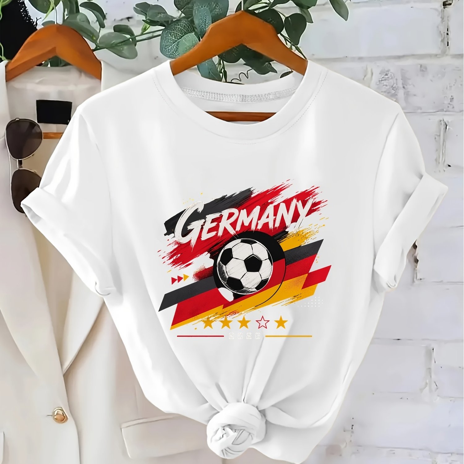 1pc Germany Football Elements With German Flag Print, Spring/summer Short-sleeve T-shirt, Stylish And Versatile Casual Top, The Gift