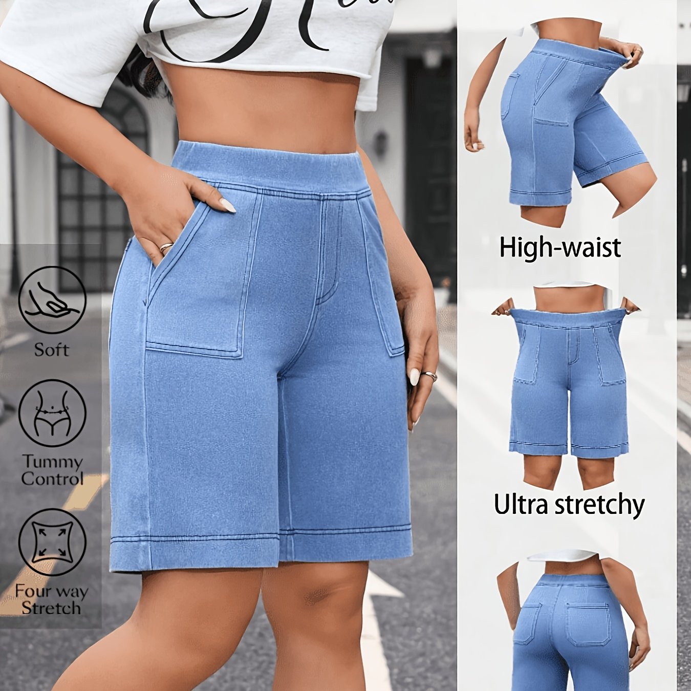 Image of Plus-size Women's Denim Capri Pants With Elastic Waistband, Fashionable Slant Pockets, And Stretchy