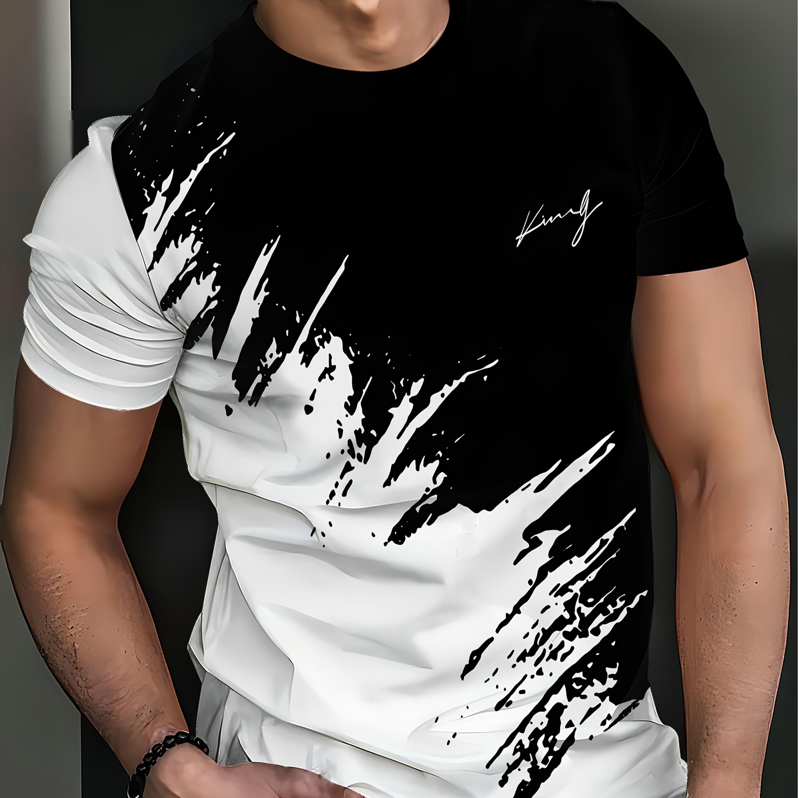 TEMU Men's Casual Short-sleeve T-shirt, , Design, Round Neck - Made Of Fiber Material, Suitable For Summer Outdoor Activities And Casual Wear |