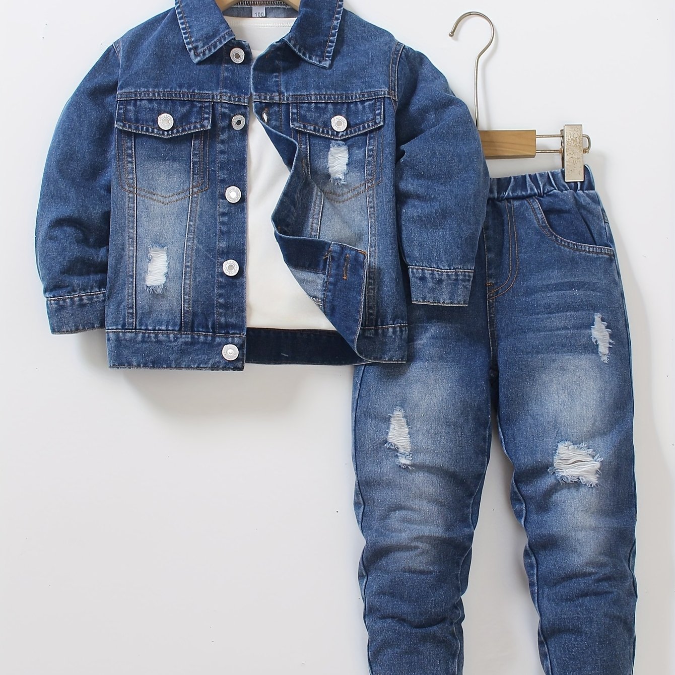 Image of 2pcs Set: A Fashionable Ripped Wash Long-sleeve And Long Pants Casual Outfit For Young Boys And Autumn, Perfect For Outdoor