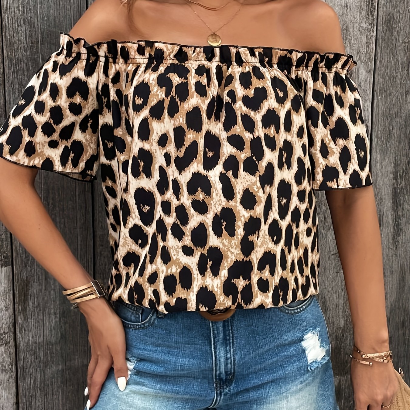 Elegant Women's Leopard Print Ruffle Off-shoulder Short Sleeve Blouse
