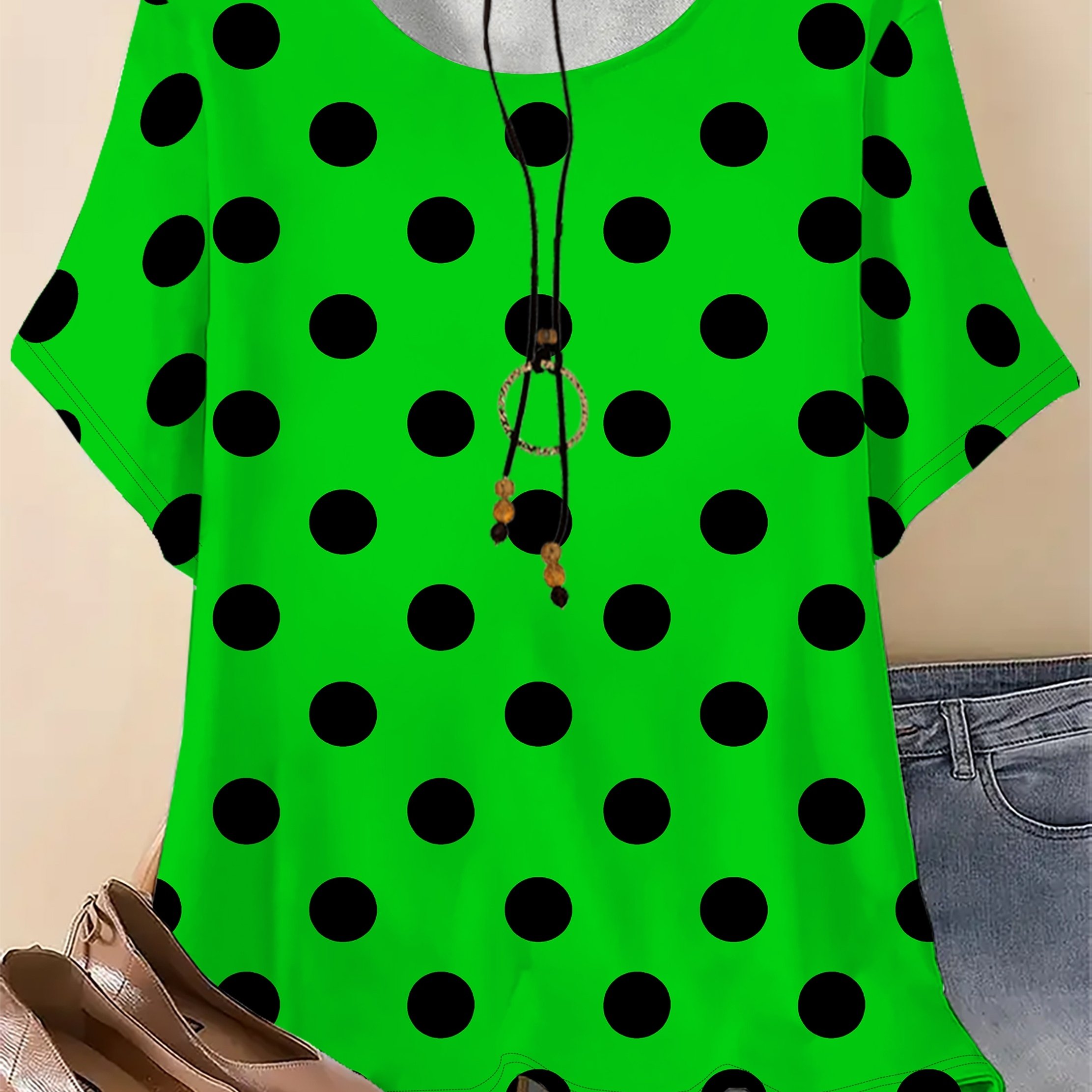 TEMU Plus Size - Polka Dot Short Sleeve Top, Women's Loose Casual T-shirt, Summer Fashion Printed Blouse