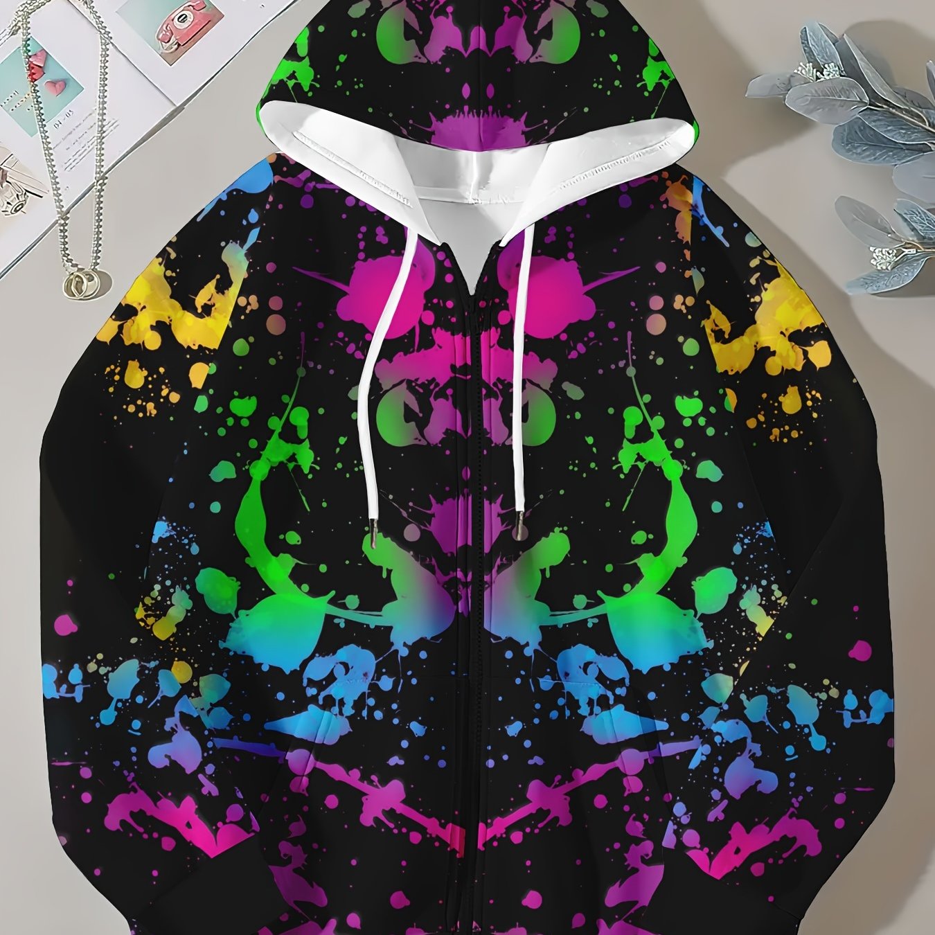 TEMU Plus Size - Plus Size - Women's Plus Size Splatter Print Sweatshirt, Casual Fashion Black Zipper Long Sleeve Hoodie, Exquisite Elegant