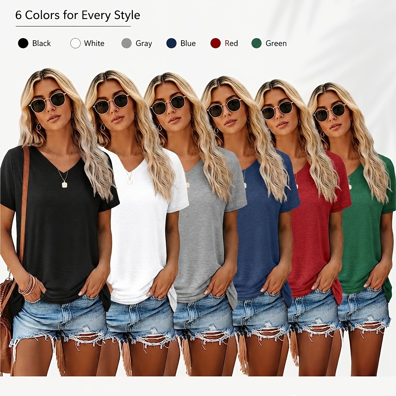 6pcs V-neck Short-sleeved T-shirts For Ladies, Casual Tops, Soft And Comfortable, Machine Washable, Suitable For Daily Wear /summer/autumn, Women's Clothing