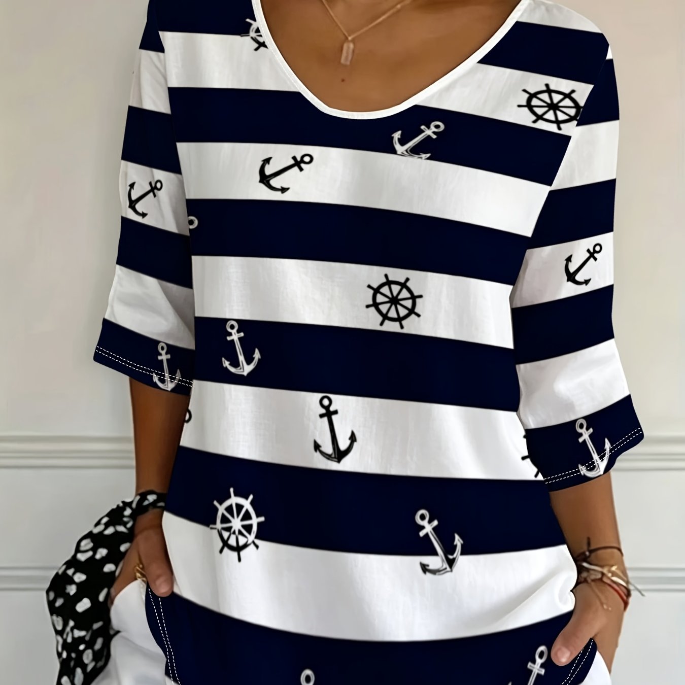 TEMU Plus Size Women's Nautical Style Printed Top, Mixed Colors, Multi-sizes , Fun Striped Design With Ship And Anchor, Suitable For Casual Wear,