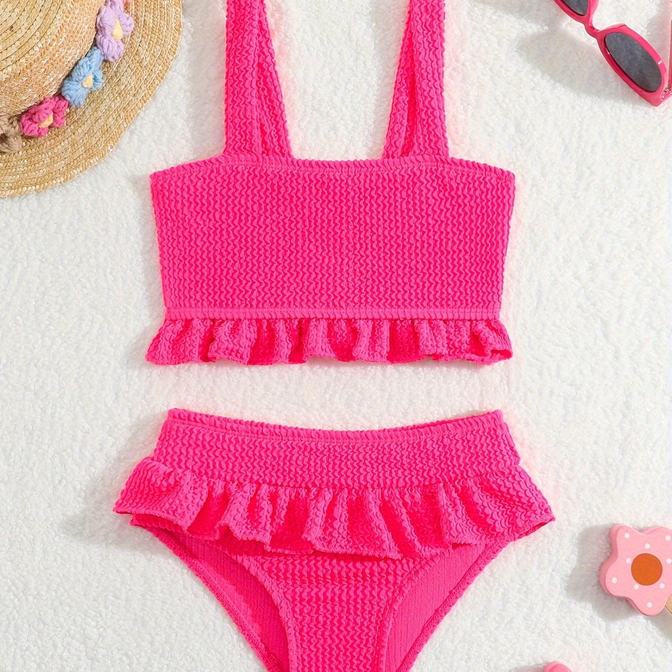 Image of 2501 2pcs Girls' Swimsuit, High-quality Girls' Swimwear For Beach And Pool Parties, Solid Color With Print, Quick-dry And High Stretch Swimming Pool