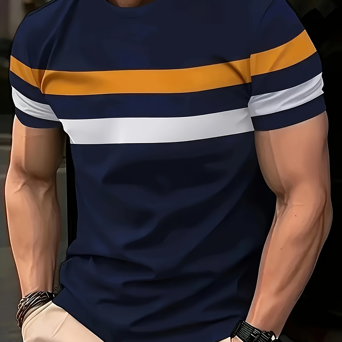 TEMU Camiseta de manga corta para hombre de talla grande con estampado de moda y bloques de color, camiseta casual de manga corta y cuello , camiseta