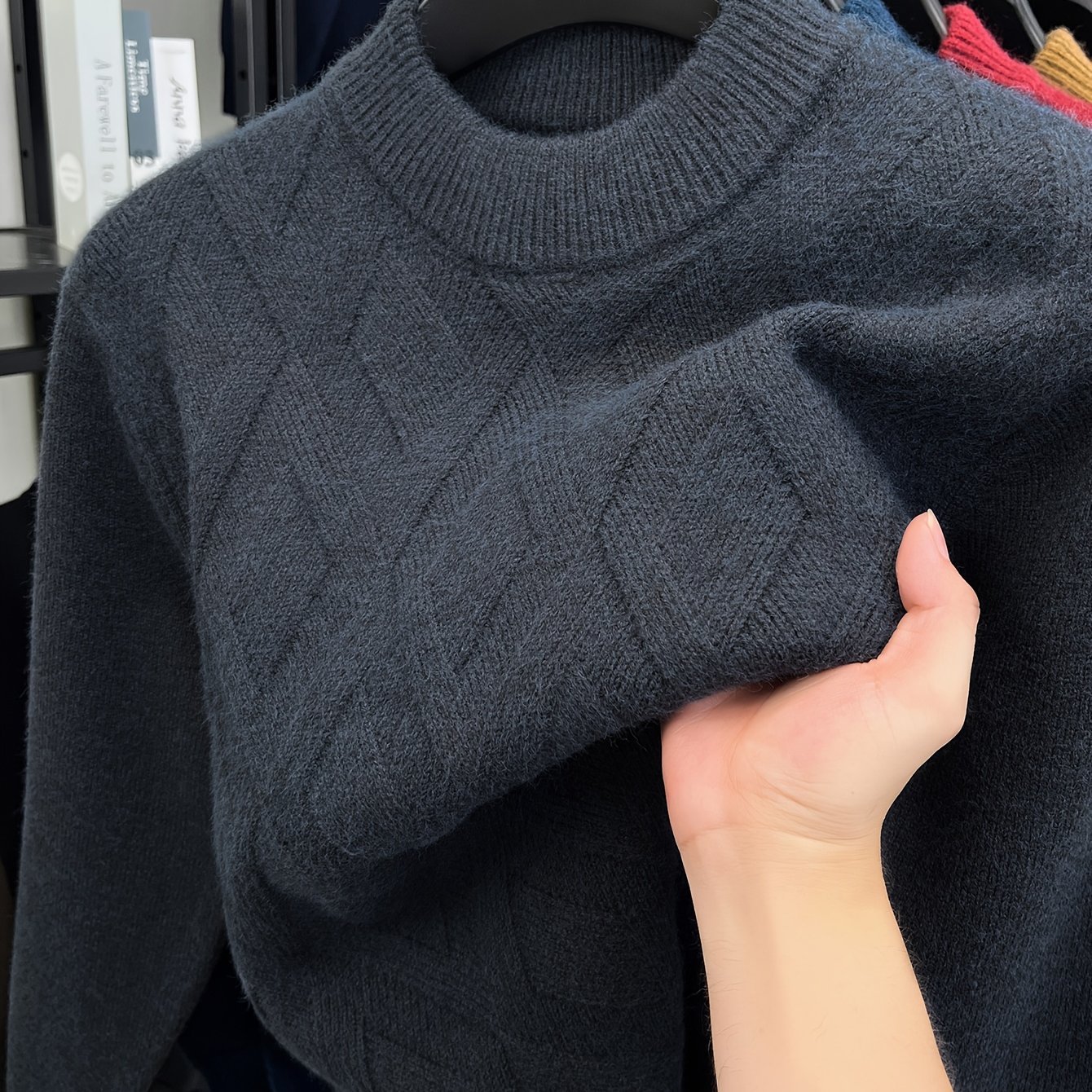 TEMU Autumn And Winter Neck Men's Sweater, Versatile Business Casual Thick Knit Pullover With Jacquard Slimming Design 96821