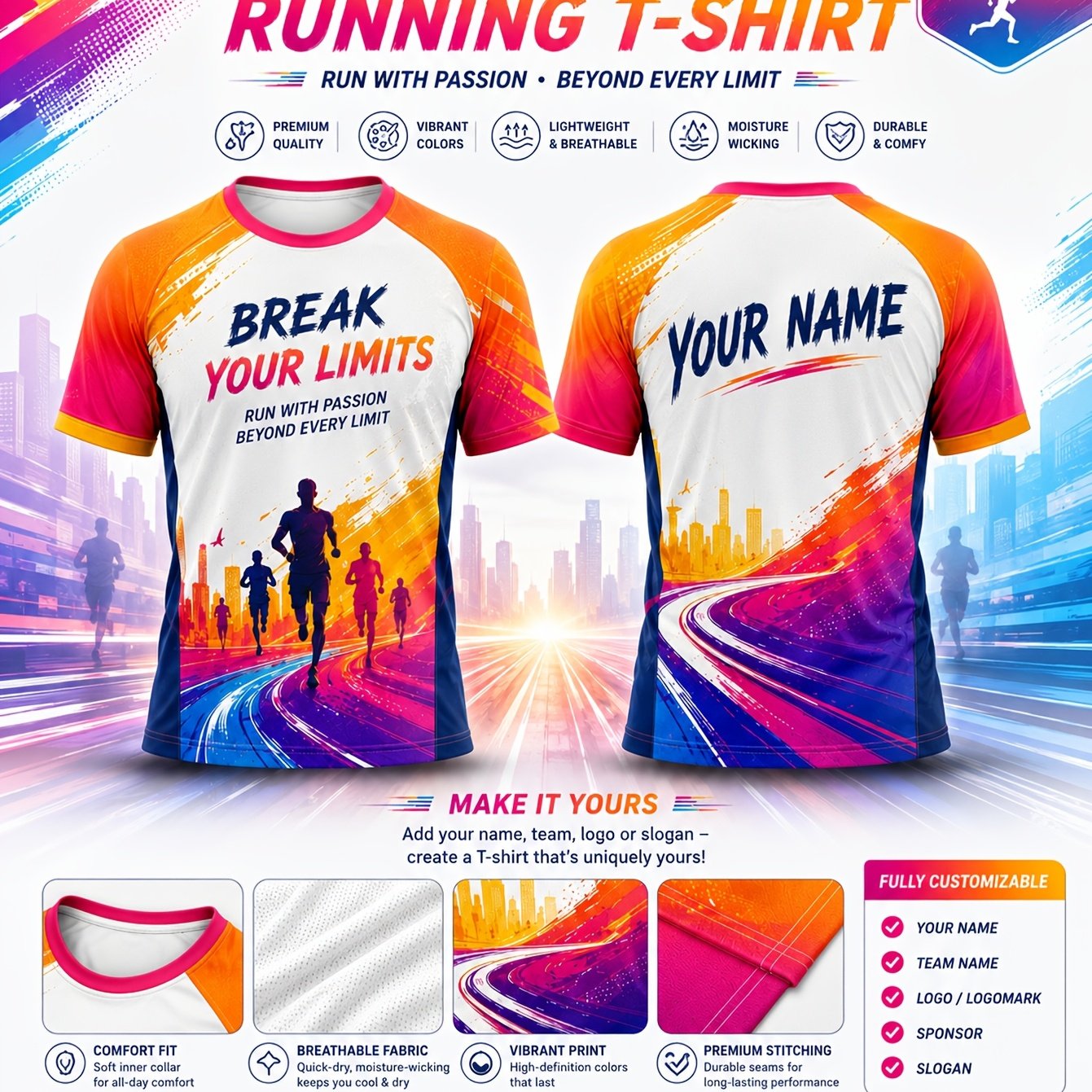 TEMU City Gradient Figure Short-sleeve Running Sports T-shirt, Quick-dry Moisture-wicking Marathon Top For Men And Women, Customizable With Self-