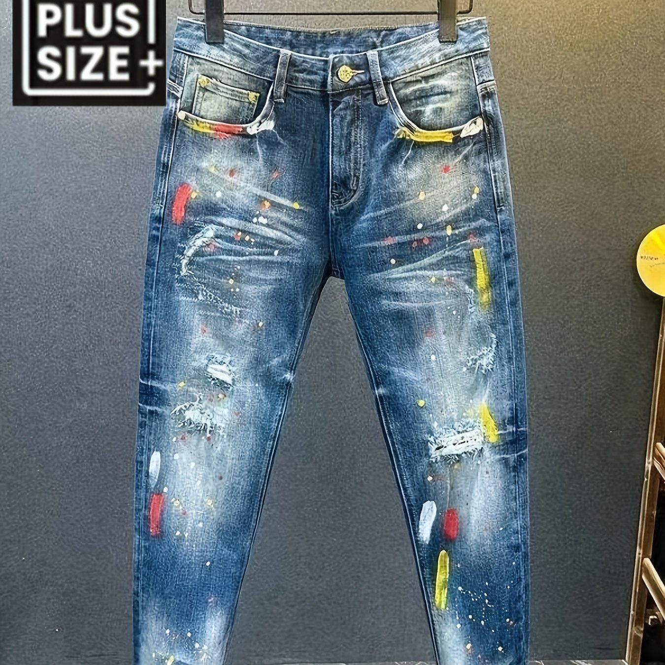 Image of [hme]men's Fall-winter Plus-size Streetwear Jeans High-waist Stretch Slim Fit, Washed Blue With Ripped& Splash-ink Details. Denim, Machine Washable, Wear. Staple, Plus Size