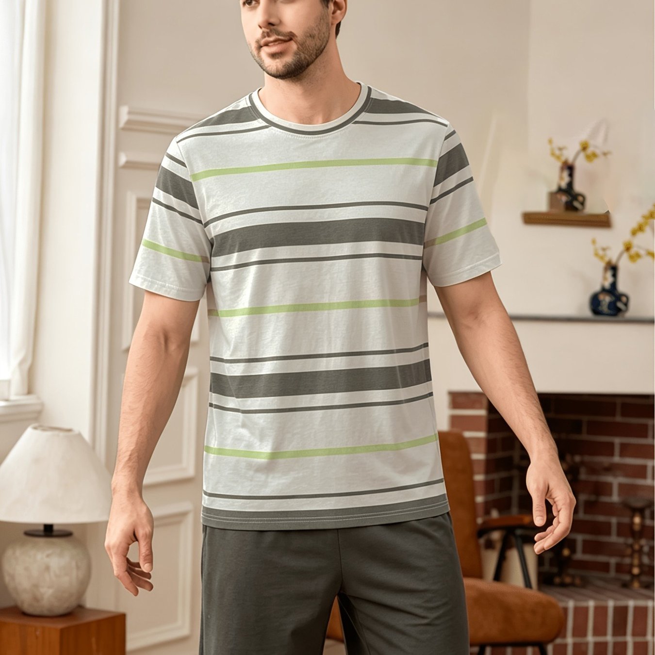 TEMU Striped Short-sleeve Top And Gray Shorts Loungewear Set, Summer Men's Fashion Casual Pajama Set, Comfortable Short-sleeve And Shorts 2pcs Pajama