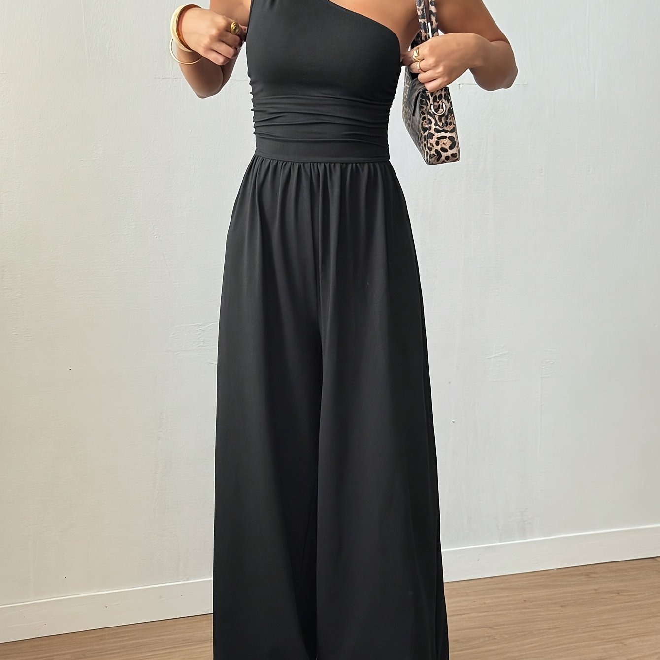 Women' Color Casual Outdoor Sleeveless Twist One-shoulder Loose Straight Jumpsuit