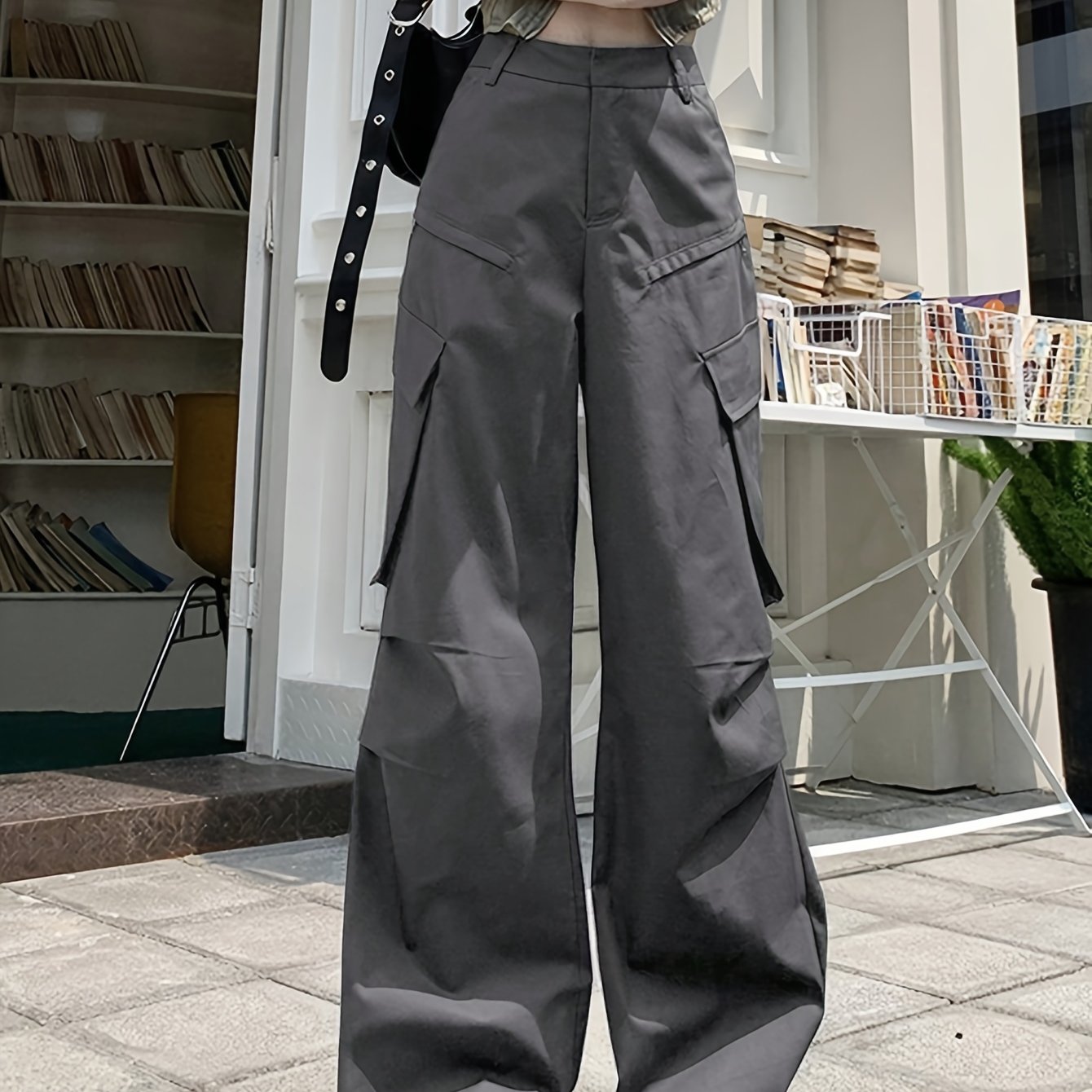 Solid Wide Leg Cargo Pants, Casual High Waist Long Length Baggy Pants With  Pocket, Women's Clothing