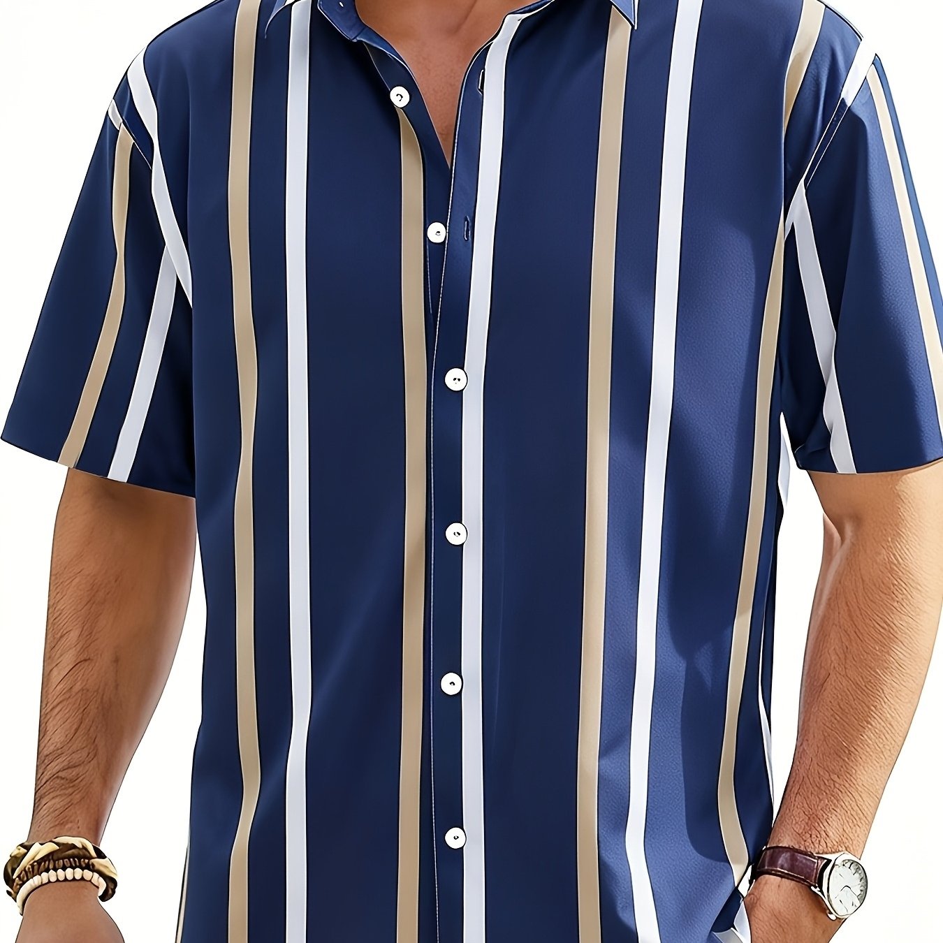 TEMU Striped Print Shirt, Men's Summer Shirt, Men's Button-up Shirt, Striped Open-collar Shirt, Men's Vertical Stripe Shirt