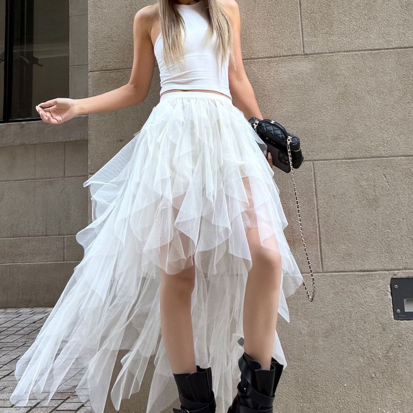 TEMU High-End Unregelmäßiges Quasten-Halbrock, Elegantes Weiß, Elastischer Bund, Kurzer Rock