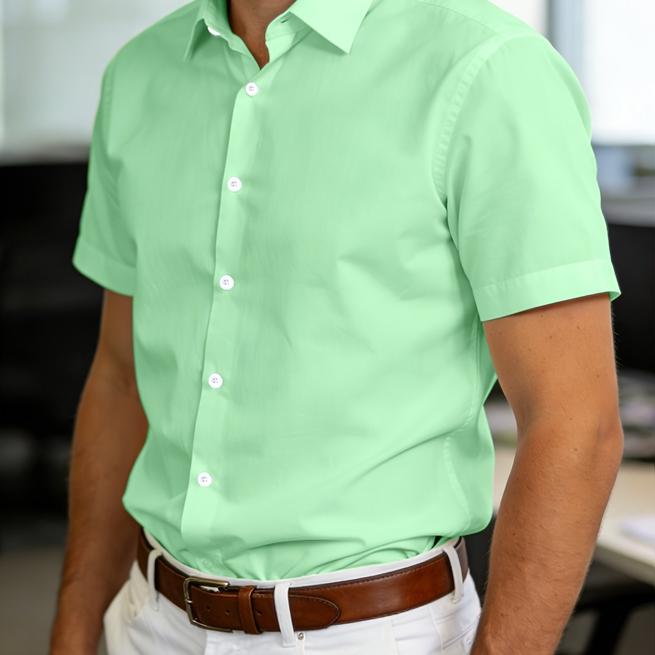 TEMU [printed Design - Non-textured] Men's Casual Short Sleeve Shirt, Breathable And Comfortable Solid Color Shirt Suitable For Home And Travel.