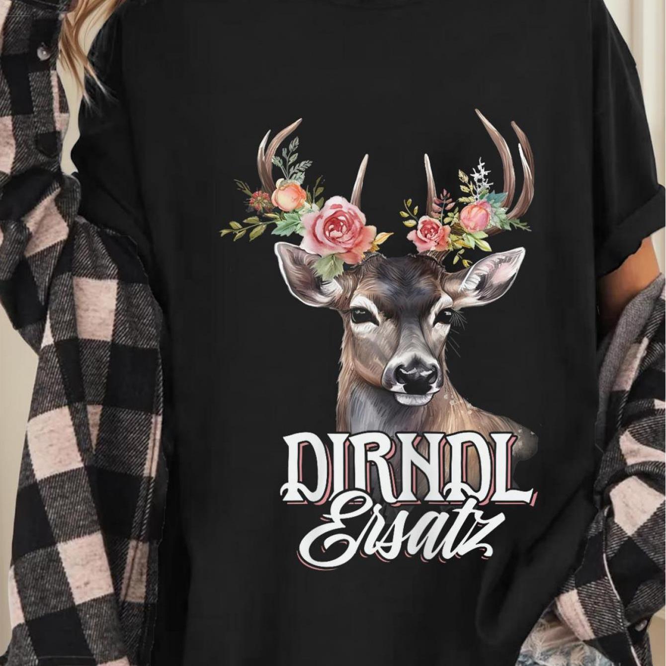 Image of Women's Dirndl T-shirt - 180gsm Heavyweight Short Sleeve Round Neck Casual & Festival Wear Featuring A Matching Design, Machine Washable For , With Geometric Patterns Of Deer And Floral Prints