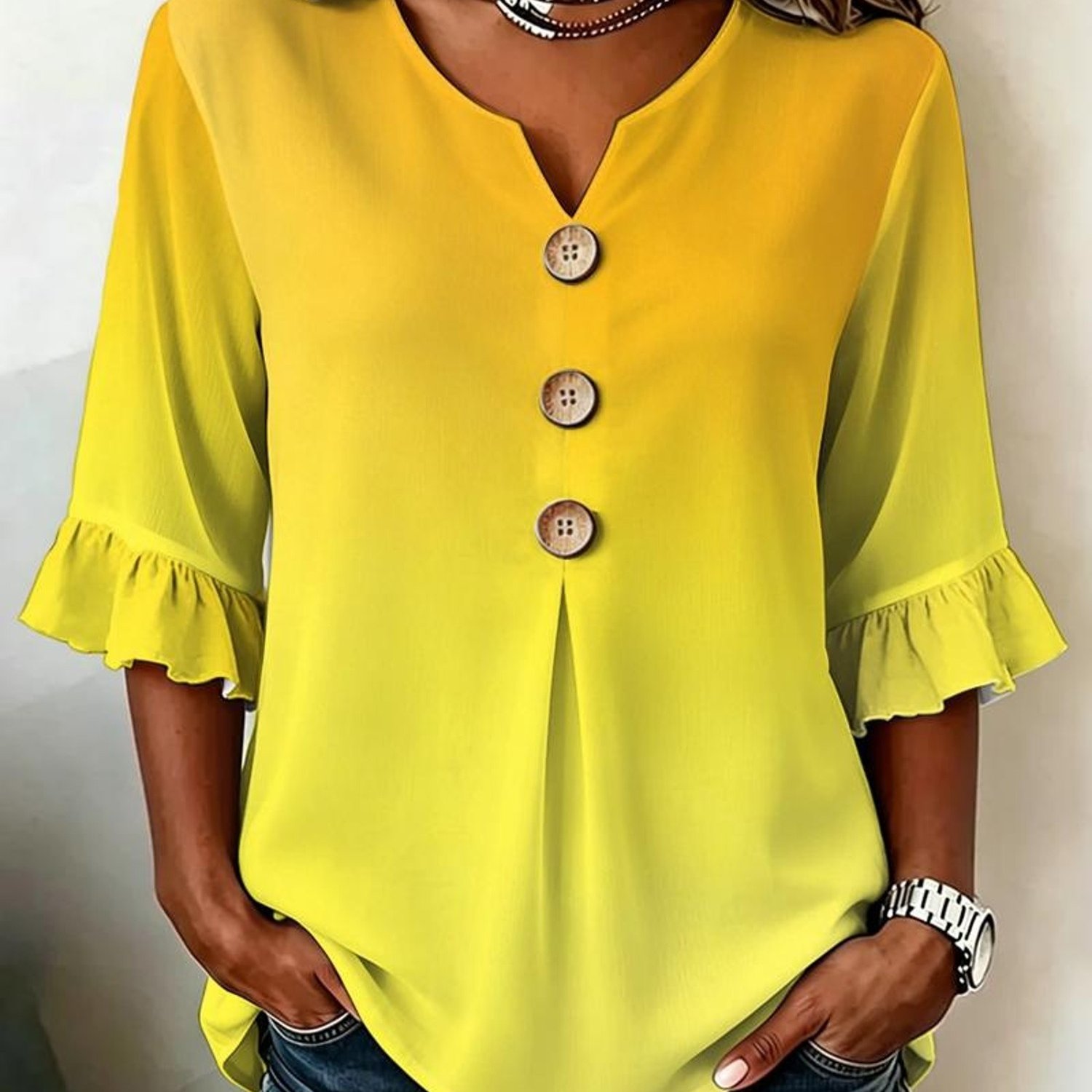TEMU Plus Size, Simple Vintage Gradient Print Summer Women's Plus Size Ruffle Sleeve Shirt, A Versatile And Suitable For Daily Commutes, Office Wear,