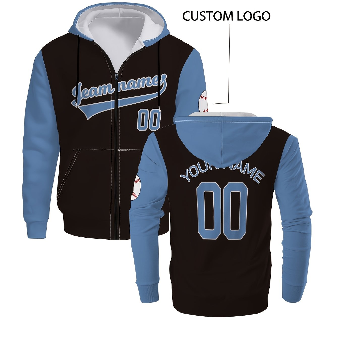 TEMU 1pc Men's Custom Zip-up Hoodie With Stitching, Personalized Name/number/logo, Sporty Casual Pullover For Spring/fall, Regular Fit Outdoor ,