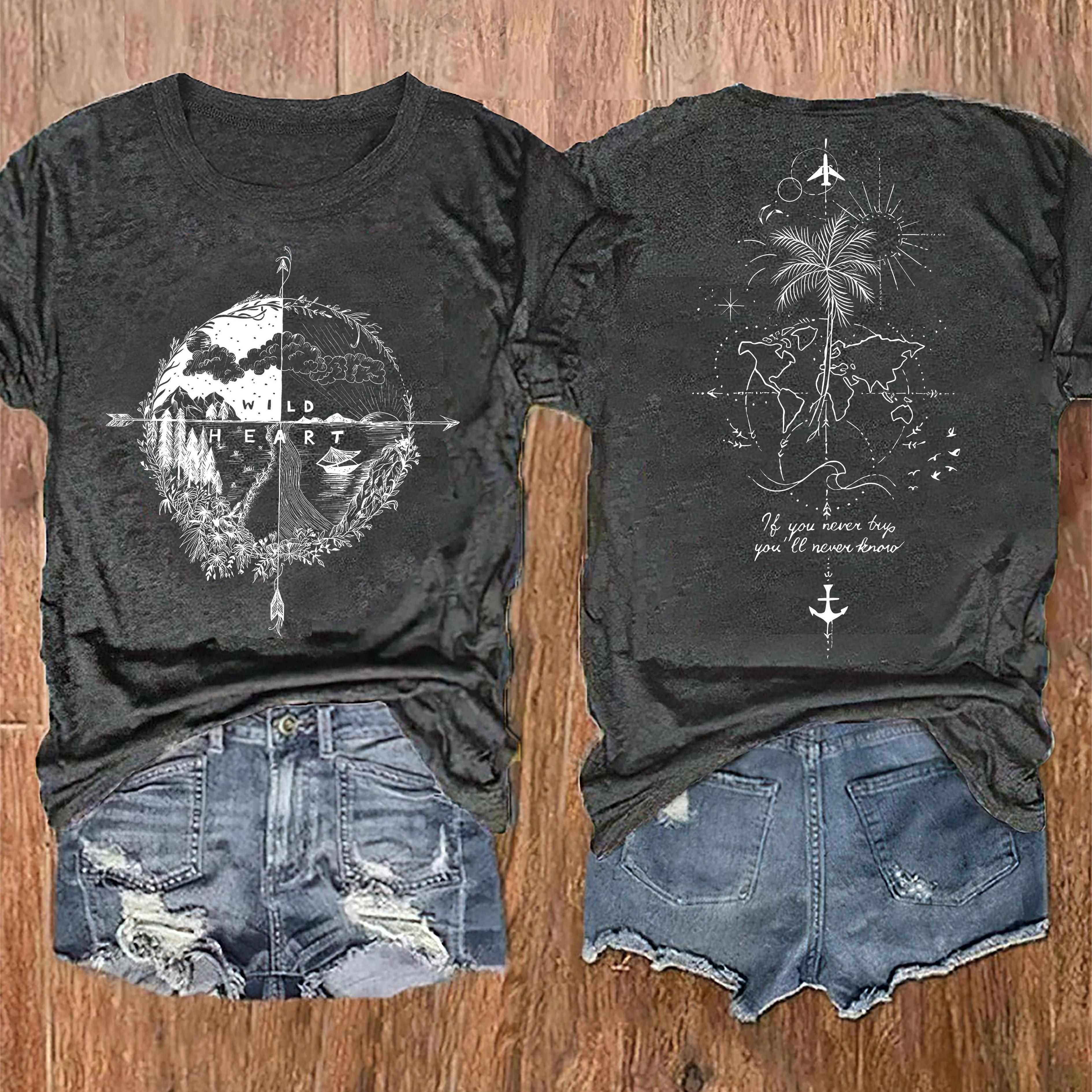 Image of Printed Round-neck T-shirt, Casual Vacation Women's Short-sleeve Top, Ladies' Apparel