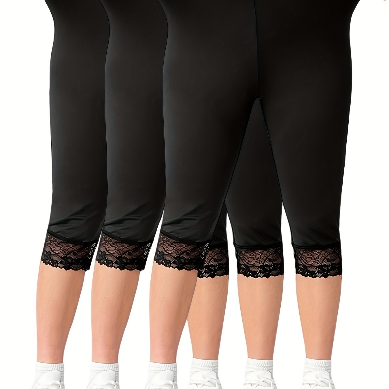 Plus Size, 3pcs Plus Size Lace Black Leggings